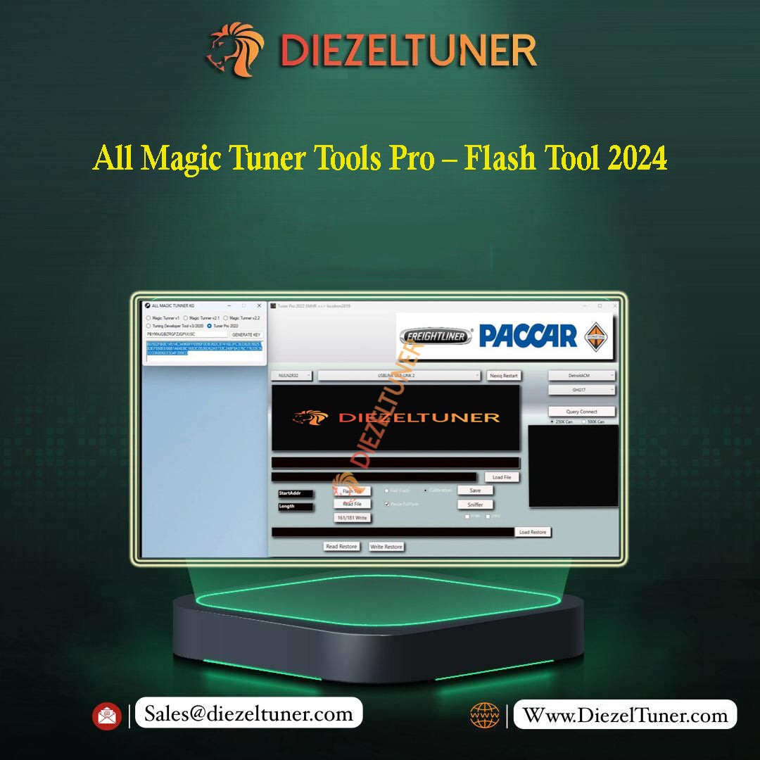 Promotional graphic for Diezeltuner All Magic Tuner Tools Pro - Flash Tool 2024, featuring a stylized computer monitor mockup displaying software interfaces and logos, set against a dark green textured background with contact details at the bottom.