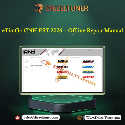 Promotional graphic for a Diezeltuner eTimGo CNH EST 2026 offline repair manual, showing a computer monitor with brand logos and a dark green gradient background.