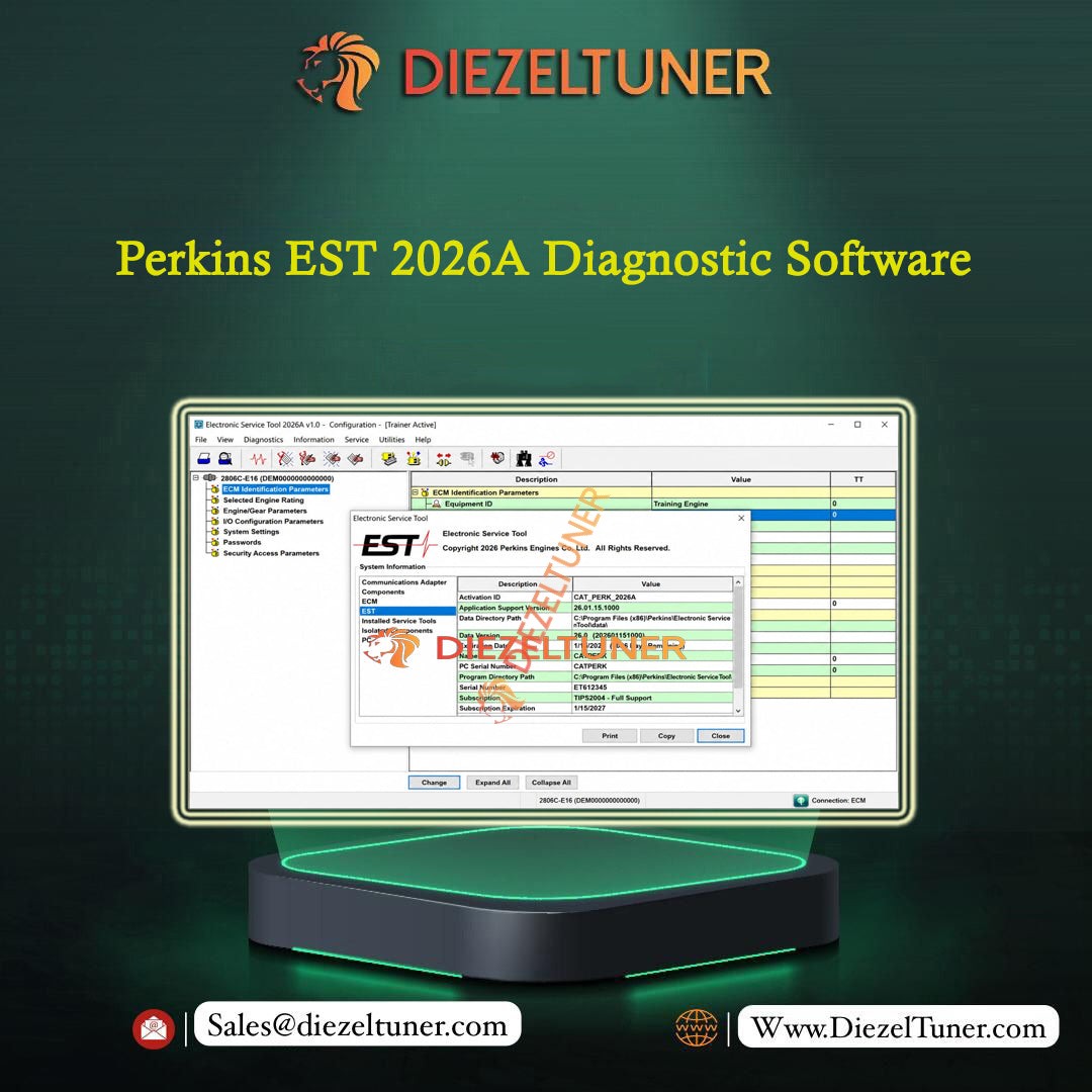 Promotional graphic for Diezeltuner Perkins EST 2026A Diagnostic Software, showing a computer monitor with a software interface and a glowing base against a dark green background with the Diezeltuner logo and contact details.