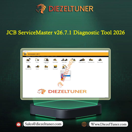 Promotional graphic for Diezeltuner JCB ServiceMaster v26.7.