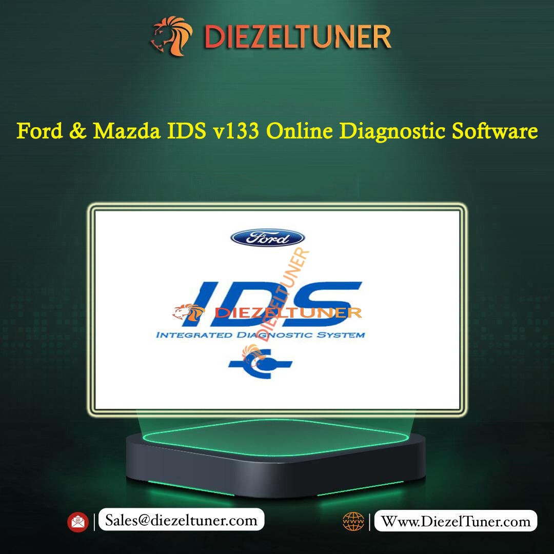 Promotional graphic for Diezeltuner Ford & Mazda IDS v133 Online Diagnostic Software, featuring a computer monitor mockup displaying the Ford IDS logo on a dark green background with yellow text.