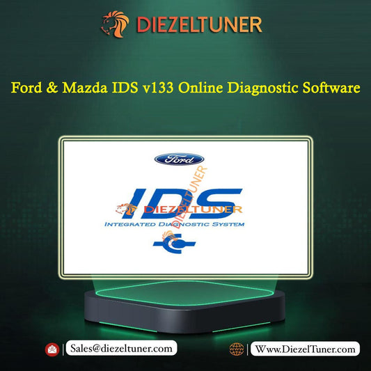 Promotional graphic for Diezeltuner Ford & Mazda IDS v133 Online Diagnostic Software, featuring a computer monitor mockup displaying the Ford IDS logo on a dark green background with yellow text.