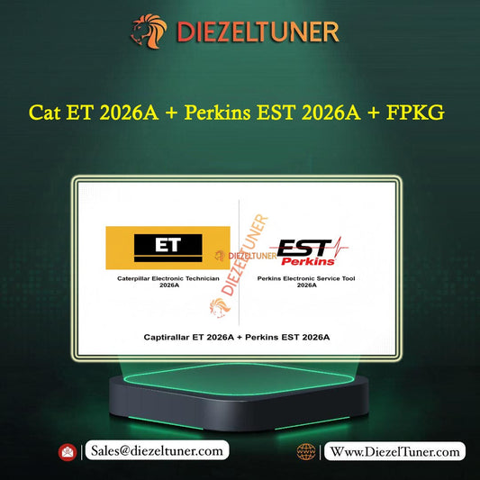 Promotional graphic for a diagnostic tool kit featuring a screen mockup displaying the ET logo on the left and the Perkins EST 2026A tool on the right, with the text 'Cat ET 2026A + Perkins EST 2026A + FPKG' and the brand 'DIEZELTUNER' at the top.