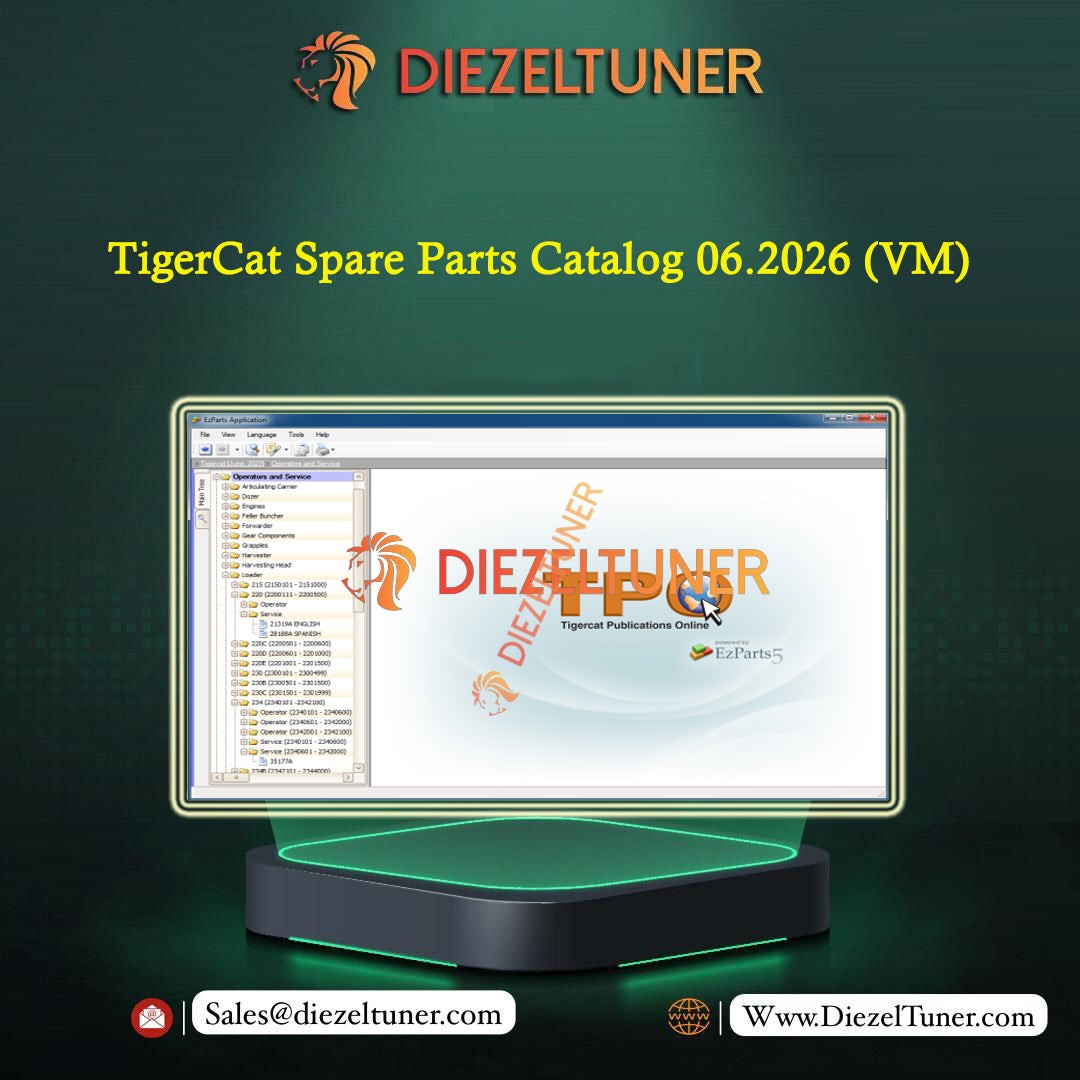Promotional graphic for TigerCat Spare Parts Catalog 06.2026 (VM) by Diezeltuner, showing a computer monitor displaying the TPO TigerCat software interface on a dark green background with the Diezeltuner logo at the top and contact details at the bottom.