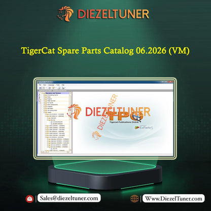 Promotional graphic for TigerCat Spare Parts Catalog 06.2026 (VM) by Diezeltuner, showing a computer monitor displaying the TPO TigerCat software interface on a dark green background with the Diezeltuner logo at the top and contact details at the bottom.