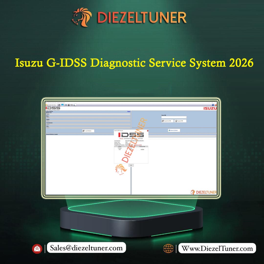 Promotional graphic for Diezeltuner Isuzu G-IDSS Diagnostic Service System 2026, showing a computer monitor with software interface and a black diagnostic device below on a dark green background.
