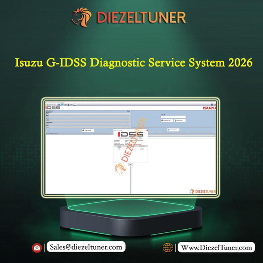 Promotional graphic for Diezeltuner Isuzu G-IDSS Diagnostic Service System 2026, showing a computer monitor with software interface and a black diagnostic device below on a dark green background.