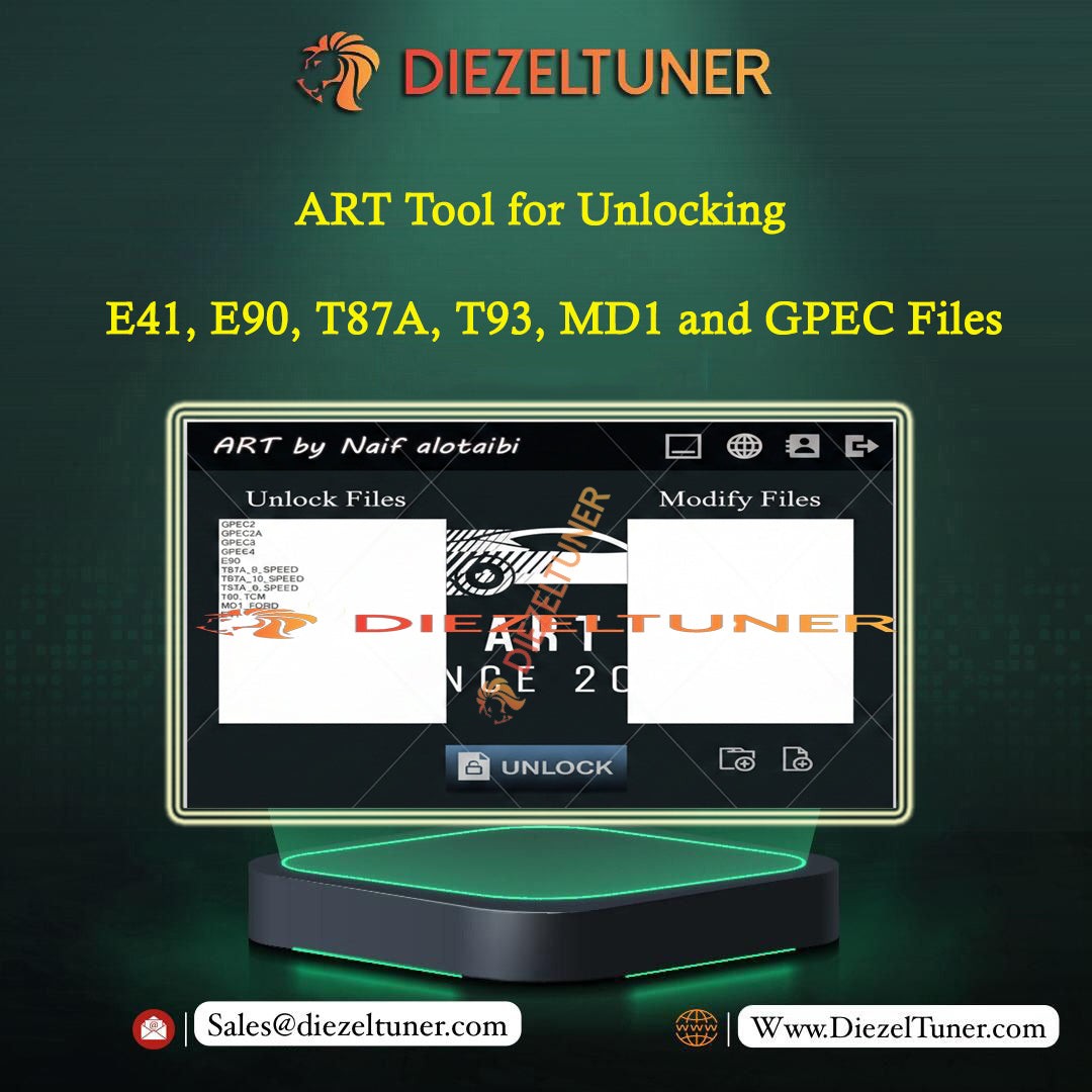 Promotional graphic for a software tool called ART Tool for Unlocking by Diezeltuner, showing a computer monitor mockup displaying file unlock and modify screens, with text listing file formats E41, E90, T87A, T93, MD1, and GPEC.