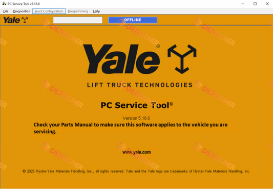 Screenshot of the Yale PC Service Tool software interface, showing a bright orange background with the large Yale logo and text reading 'PC Service Tool Version 5.16.